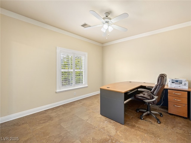 office area featuring visible vents, baseboards, a ceiling fan, and crown molding