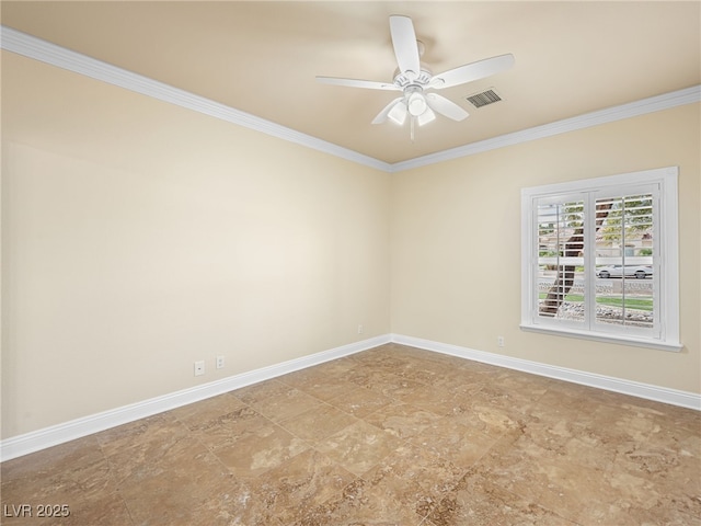 unfurnished room featuring visible vents, baseboards, ceiling fan, and crown molding