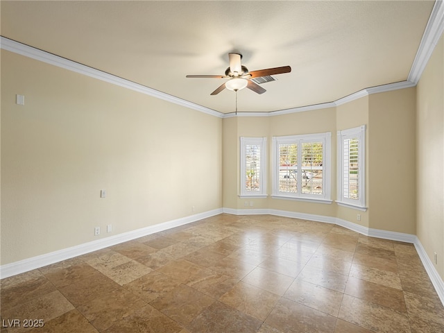 unfurnished room featuring ceiling fan, baseboards, and ornamental molding