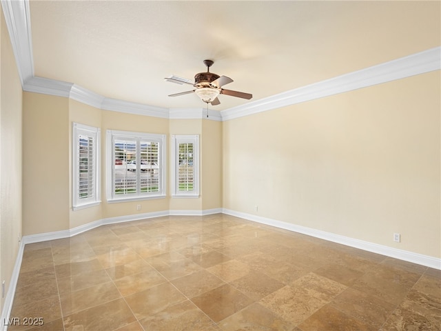 unfurnished room featuring ceiling fan, crown molding, and baseboards