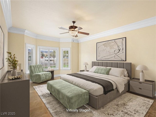 tiled bedroom featuring ceiling fan and crown molding