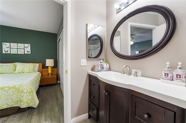 bathroom featuring vanity, baseboards, and wood finished floors