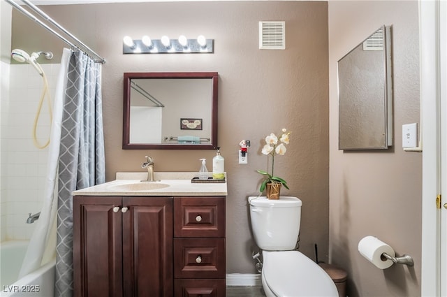 bathroom featuring toilet, shower / bathtub combination with curtain, visible vents, and vanity