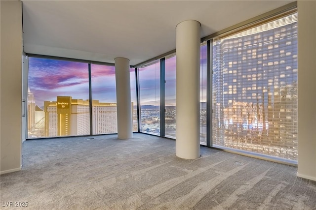 unfurnished room with carpet floors, expansive windows, and baseboards