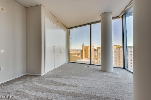 unfurnished bedroom with a wall of windows and carpet floors