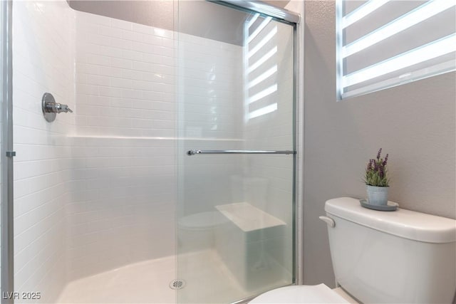 bathroom with a shower stall and toilet