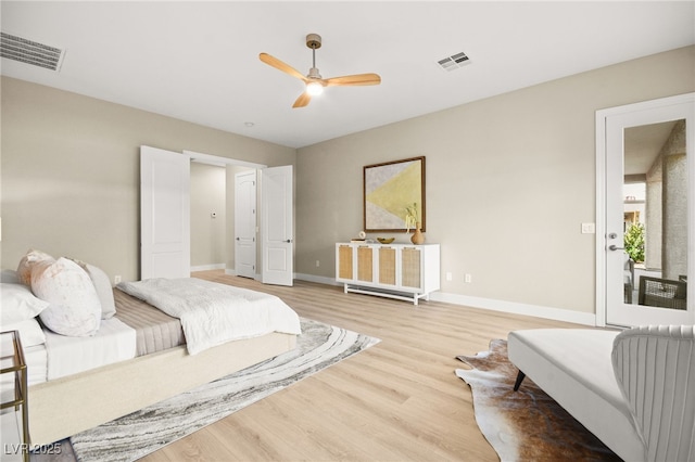 bedroom featuring light wood finished floors, visible vents, baseboards, and ceiling fan