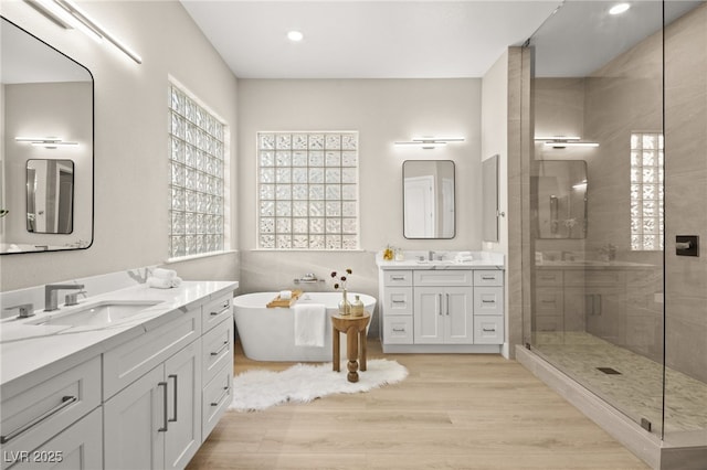 bathroom featuring wood finished floors, a freestanding tub, a sink, and a shower stall