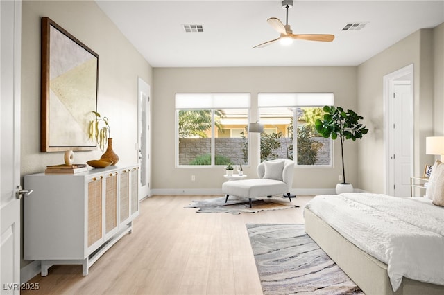 bedroom featuring baseboards, visible vents, and light wood finished floors