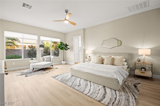 bedroom with visible vents, ceiling fan, baseboards, and wood finished floors