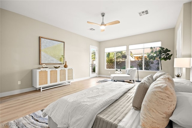 bedroom featuring wood finished floors, visible vents, and baseboards