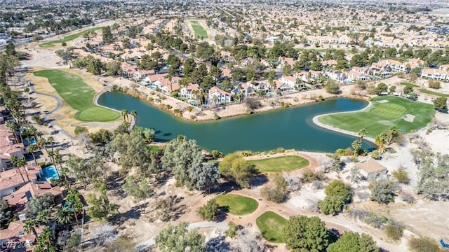 birds eye view of property featuring a water view, a residential view, and golf course view