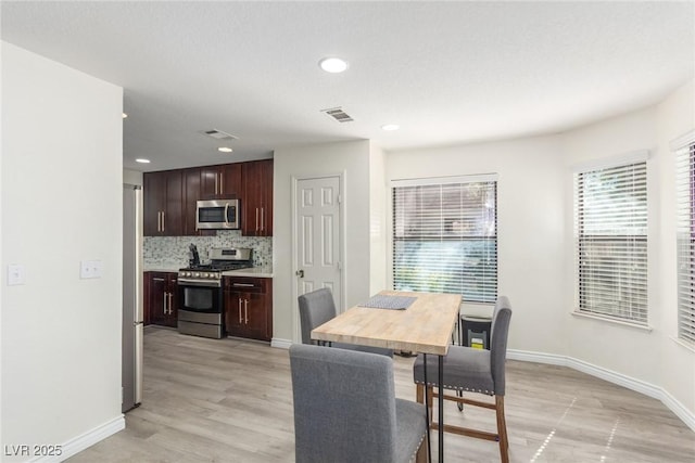 dining room with recessed lighting, visible vents, light wood finished floors, and baseboards