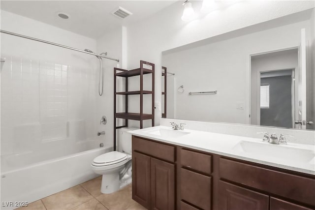 full bath with toilet, tile patterned flooring, visible vents, and a sink