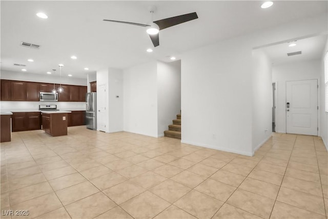 unfurnished living room with recessed lighting, visible vents, and a ceiling fan