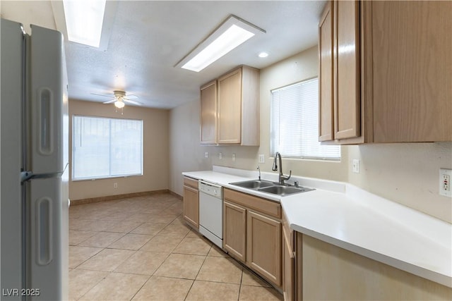 kitchen featuring light tile patterned floors, white appliances, a sink, a ceiling fan, and light countertops