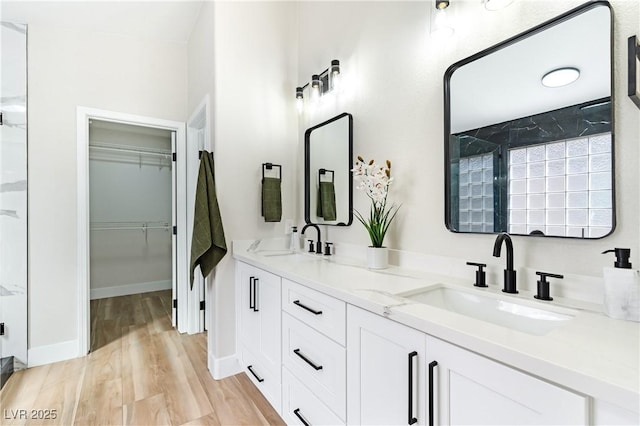 bathroom with wood finished floors, a spacious closet, double vanity, and a sink