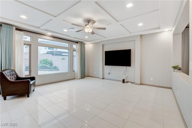 living room featuring light tile patterned floors, ceiling fan, recessed lighting, coffered ceiling, and baseboards