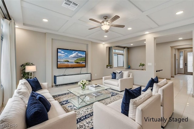 living area featuring coffered ceiling, recessed lighting, visible vents, and light tile patterned floors