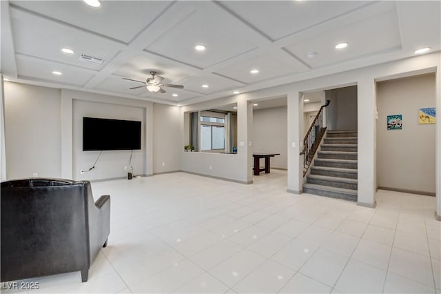 living area with ceiling fan, recessed lighting, coffered ceiling, visible vents, and stairs