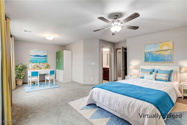 bedroom with carpet, visible vents, ceiling fan, and baseboards