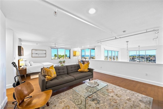 living area featuring baseboards, wood finished floors, and track lighting