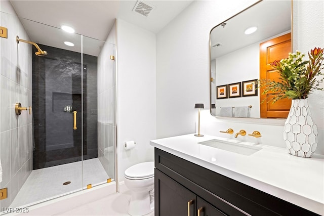 bathroom with toilet, vanity, a shower stall, and visible vents