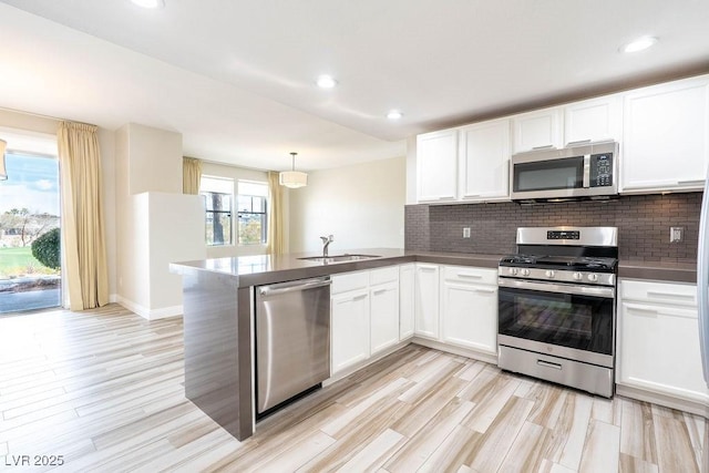 kitchen featuring decorative backsplash, a peninsula, white cabinetry, and appliances with stainless steel finishes