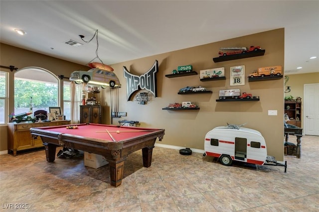 playroom featuring pool table, recessed lighting, visible vents, and baseboards