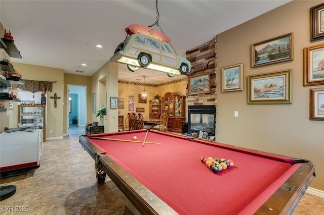 playroom featuring recessed lighting, pool table, a fireplace, and baseboards