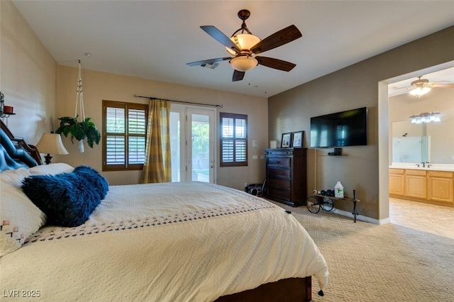 bedroom with light carpet, a sink, visible vents, a ceiling fan, and access to outside