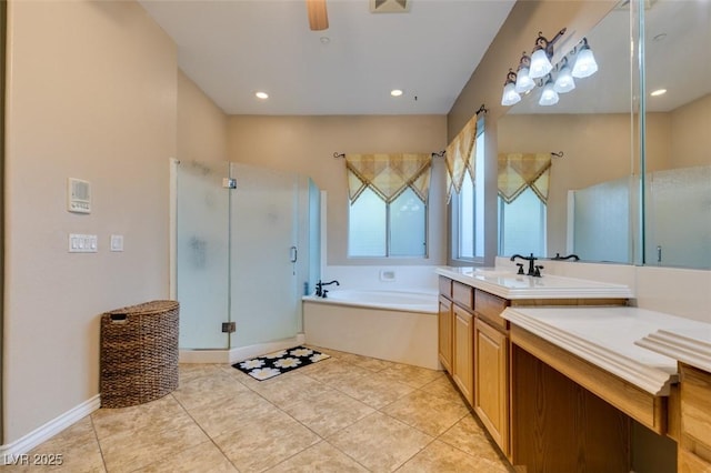 full bathroom featuring vanity, tile patterned flooring, a shower stall, and a bath