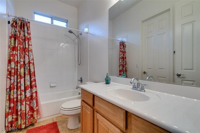 bathroom with shower / tub combo, tile patterned flooring, vanity, and toilet