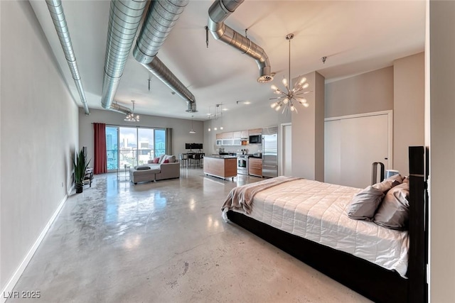 bedroom with concrete flooring, stainless steel built in refrigerator, baseboards, and an inviting chandelier