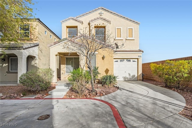 view of front facade with a tile roof, stucco siding, fence, a garage, and driveway