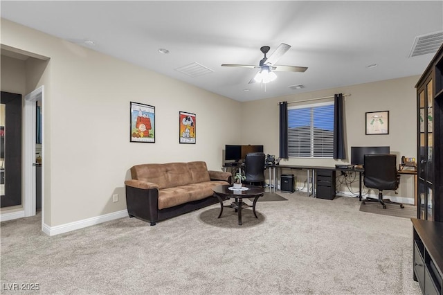 living room with baseboards, visible vents, ceiling fan, and carpet flooring