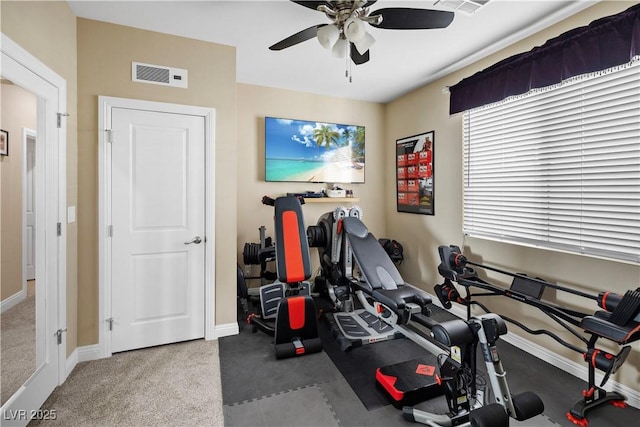 workout area with carpet floors, ceiling fan, visible vents, and baseboards