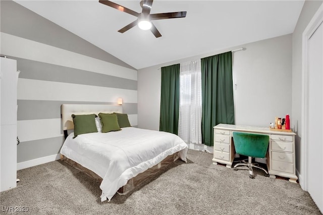 bedroom featuring lofted ceiling, carpet flooring, ceiling fan, and baseboards