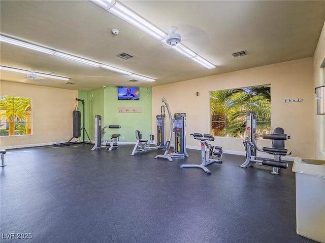 exercise room with a ceiling fan, visible vents, and baseboards