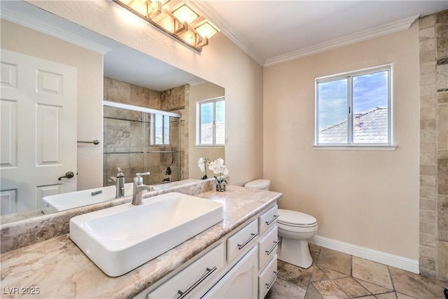 full bath with a stall shower, baseboards, toilet, ornamental molding, and vanity