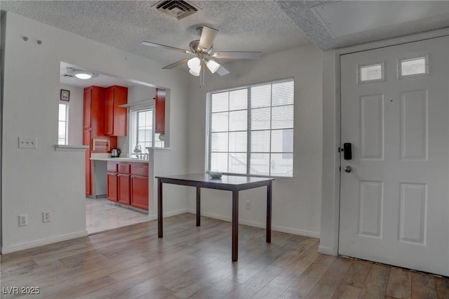 foyer featuring visible vents, light wood-style flooring, a ceiling fan, a textured ceiling, and baseboards