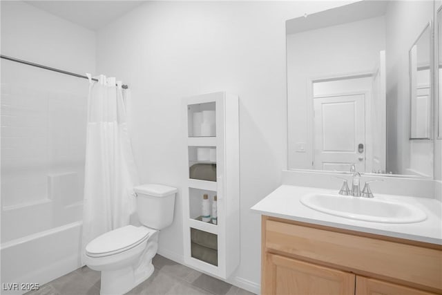 bathroom featuring vanity, tile patterned floors, toilet, and shower / bathtub combination with curtain