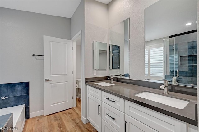 bathroom with a sink, a shower stall, toilet, and wood finished floors