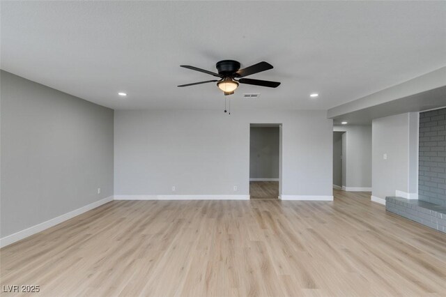 spare room with visible vents, baseboards, ceiling fan, recessed lighting, and light wood-style flooring