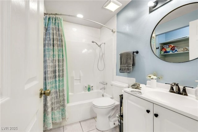 full bathroom featuring shower / tub combo with curtain, vanity, toilet, and tile patterned floors