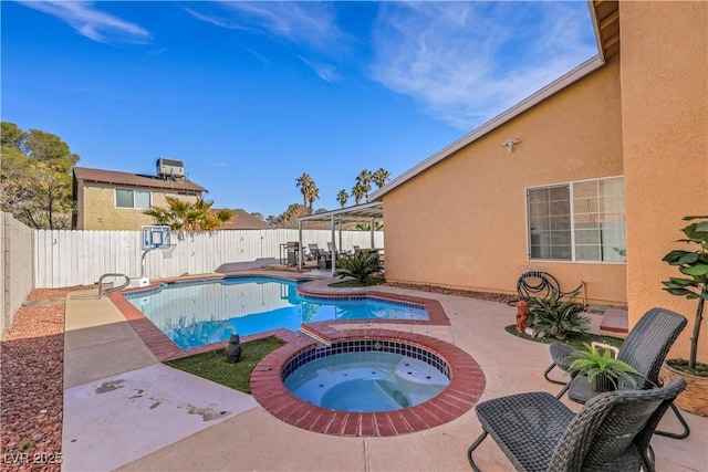 view of pool with an in ground hot tub, a patio area, a fenced backyard, and a fenced in pool