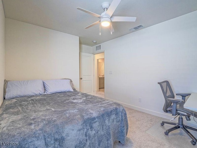 bedroom with visible vents, light colored carpet, baseboards, and ceiling fan