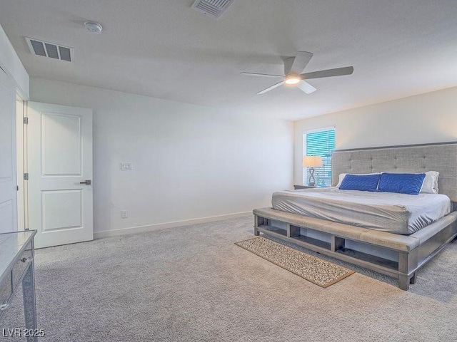 carpeted bedroom with baseboards, visible vents, and ceiling fan