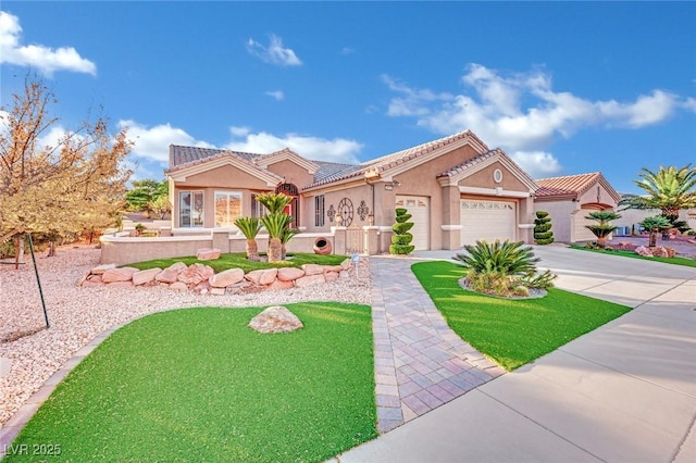 mediterranean / spanish home featuring driveway, an attached garage, a tile roof, and stucco siding