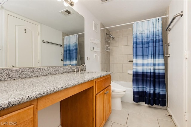 bathroom featuring tile patterned flooring, toilet, vanity, visible vents, and shower / bath combo with shower curtain